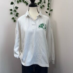 Kyodan Long Sleeve White Polo with Green Print Detail, Spring Gorpcore